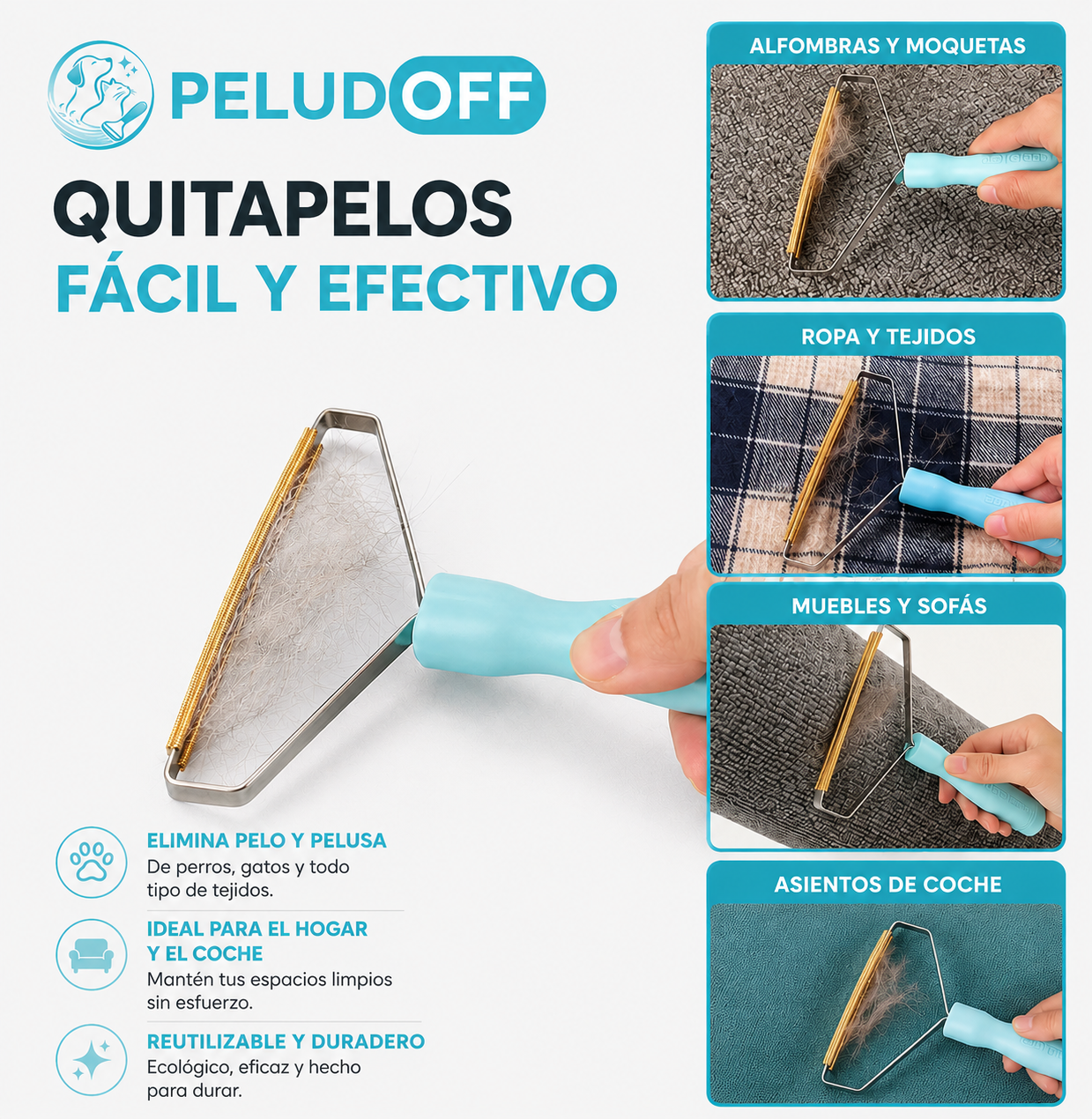 Cepillo Peludoff quitapelos fácil y efectivo: alfombras, ropa, muebles y coche